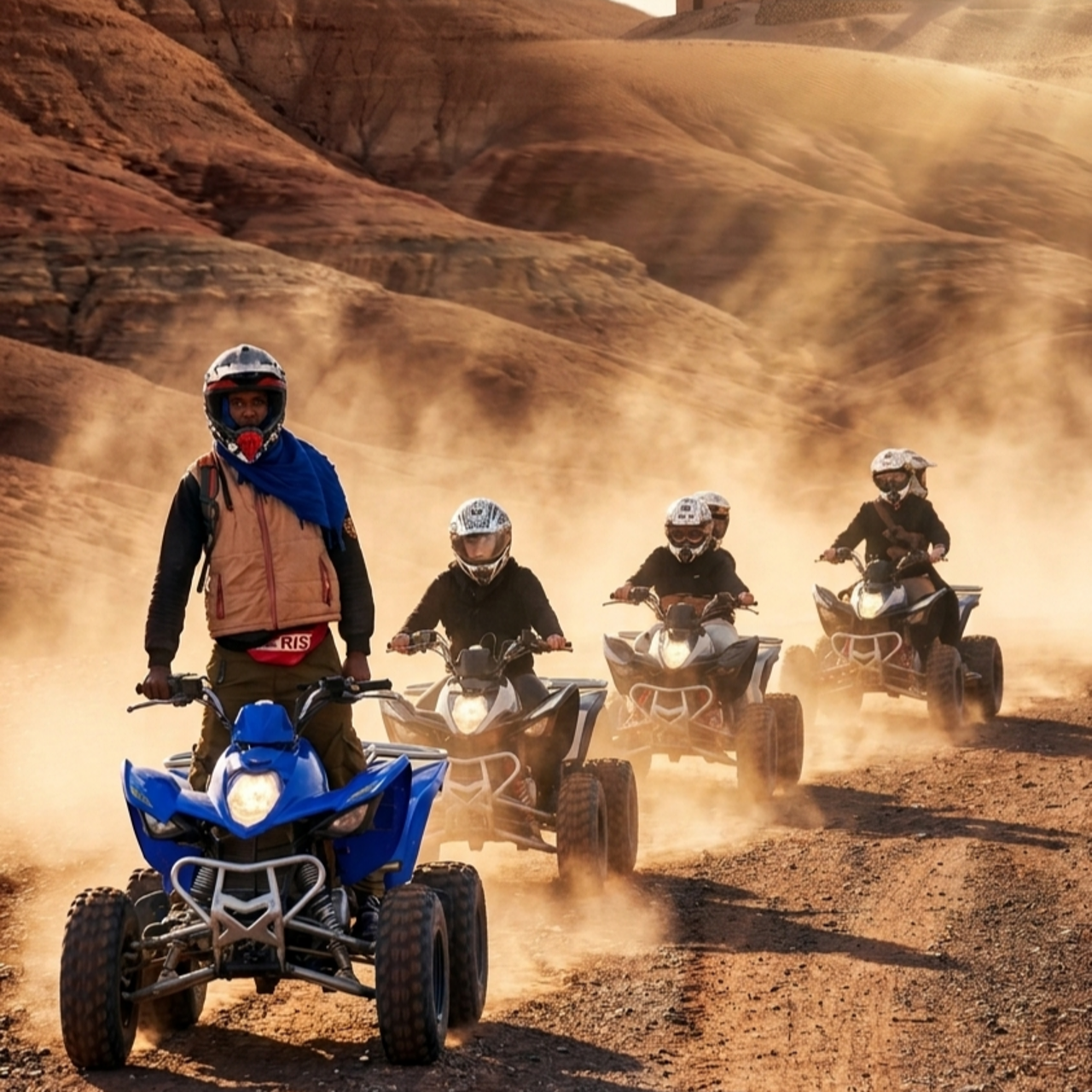Agafay desert activities: quad bikes riding through dust below the red hills near Marrakech