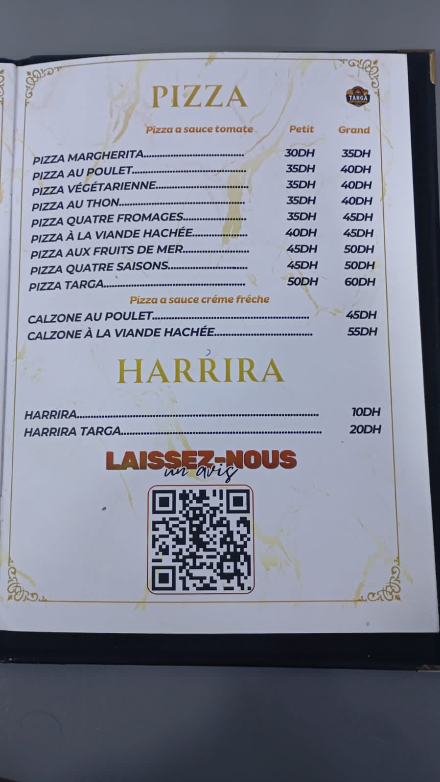 Restaurant Targa printed pizza, calzone and harira menu with DH prices