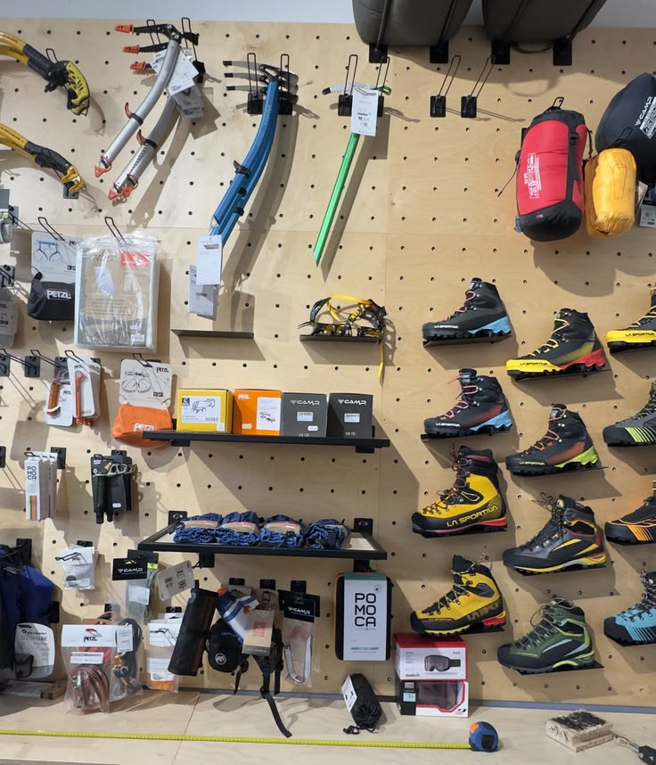 Mountain trekking equipment available through Toubkal Views in Imlil: boots, crampons, ice axes and hardware