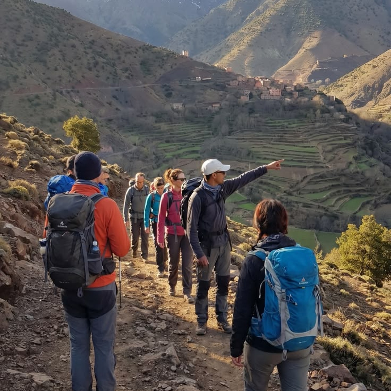 Campos en terrazas y una aldea bereber en el verde valle de Azzaden