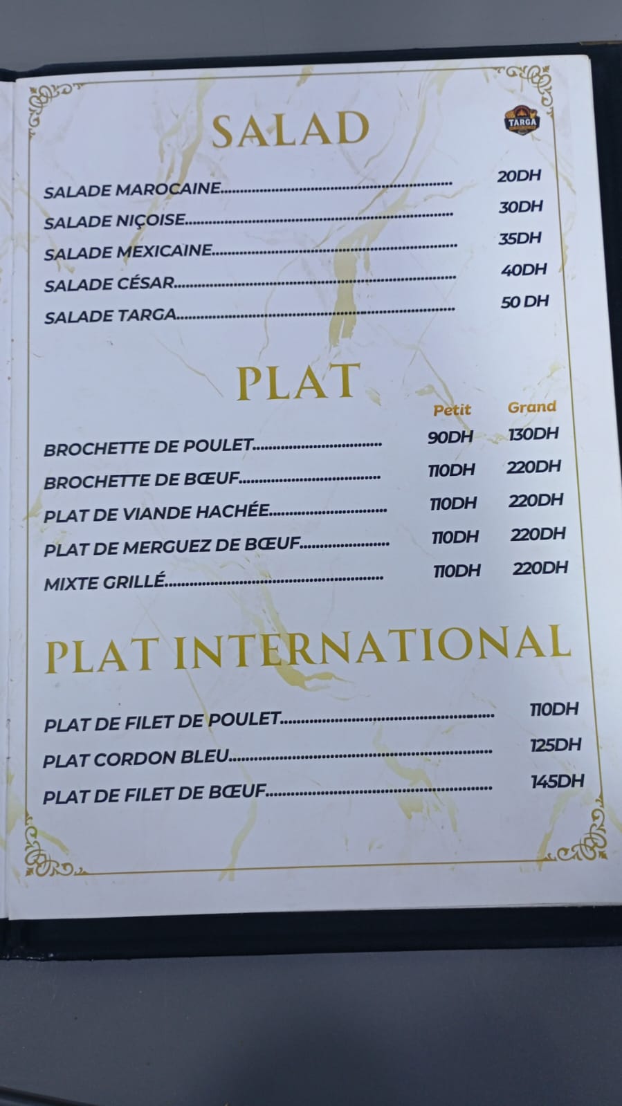 Restaurant Targa printed salads and grills menu