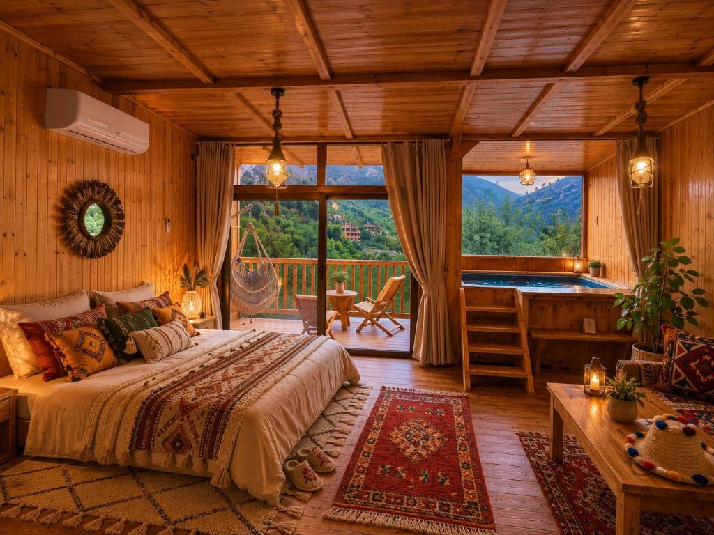 Wood-panelled room at Afla Sky Views with Moroccan rugs and a terrace door facing the green valley