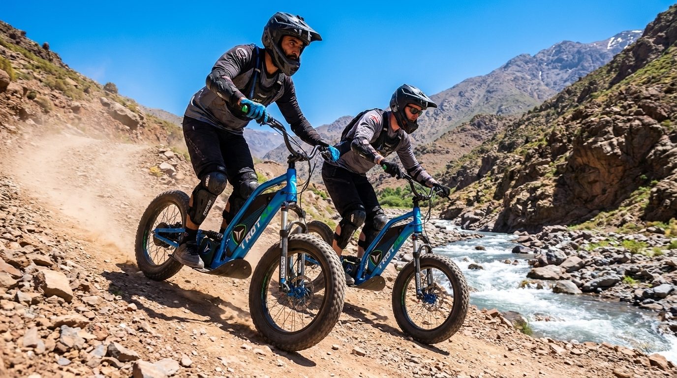 A rider pushing an off-road electric scooter along a High Atlas trail