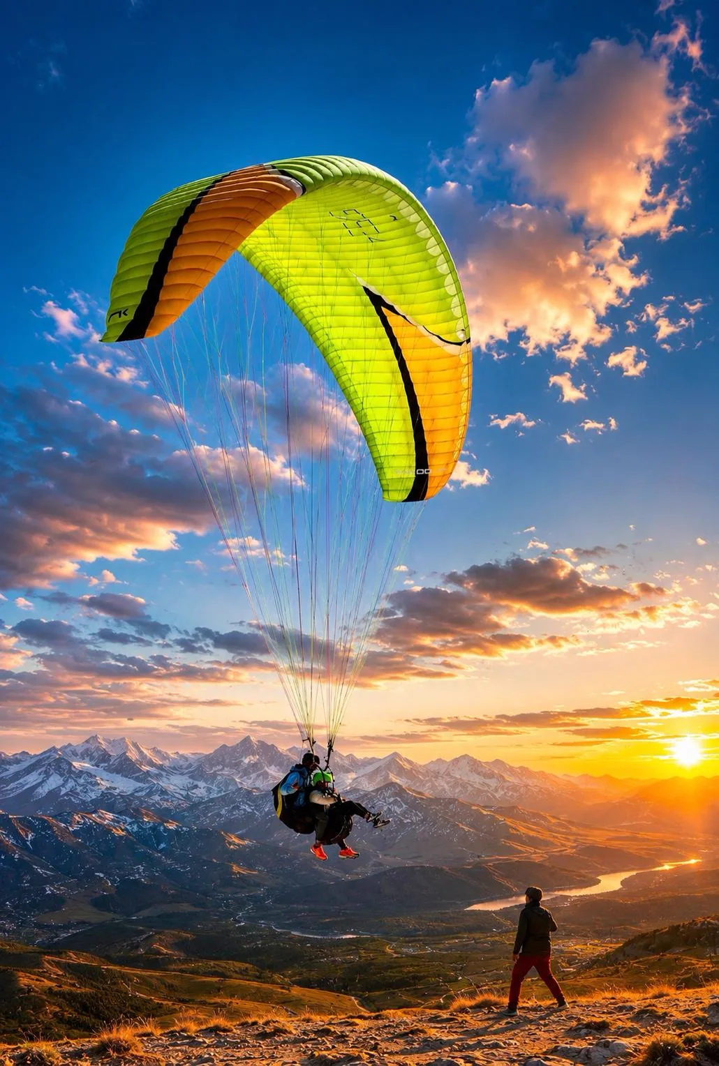 Parapendio biposto in volo al tramonto sopra le creste montuose con una persona che osserva dalla collina sottostante