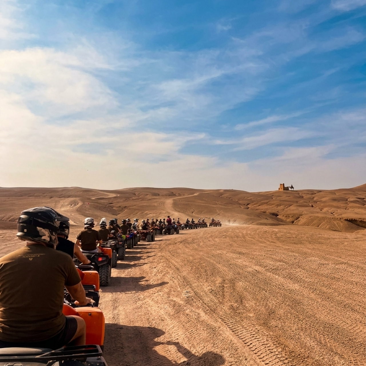 Long convoy of quad bikes crossing the stony Agafay desert on a clear day