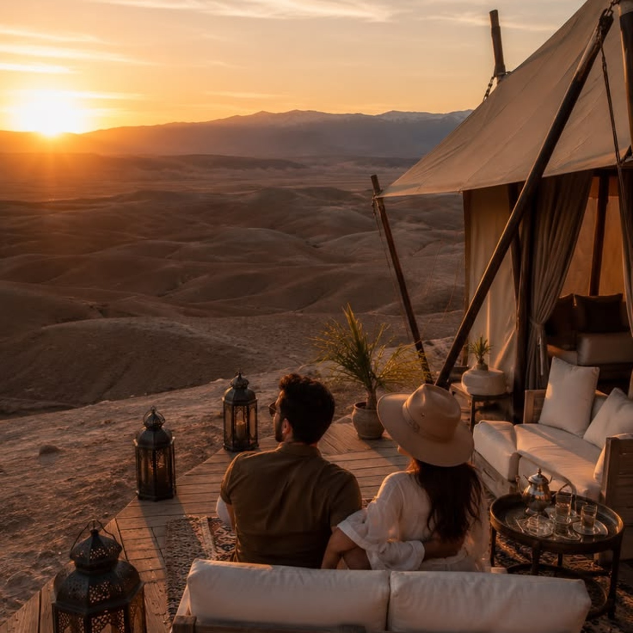 Huéspedes compartiendo una comida marroquí en una terraza sombreada del desierto con vistas al valle de Agafay