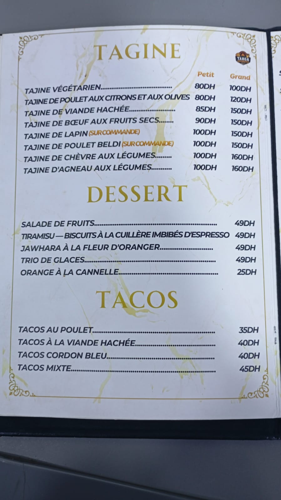 Restaurant Targa printed menu showing tagines, desserts and tacos