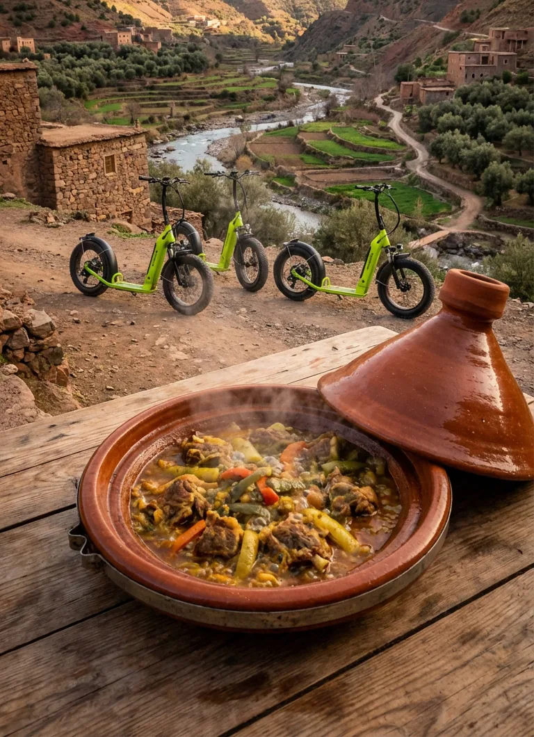 A Moroccan tagine served on a terrace above the Ourika valley with e-scooters parked behind