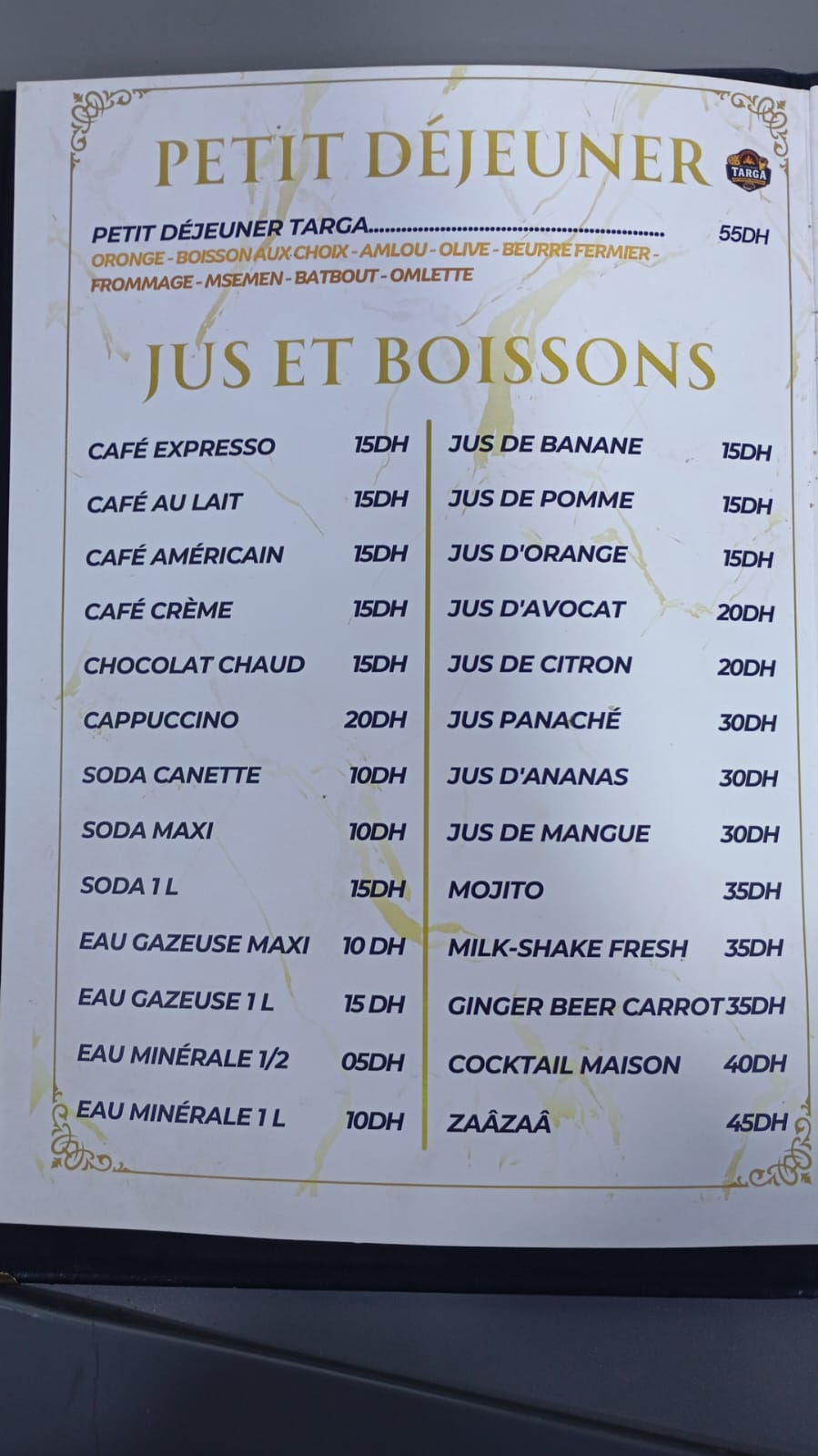 Restaurant Targa printed breakfast and drinks menu
