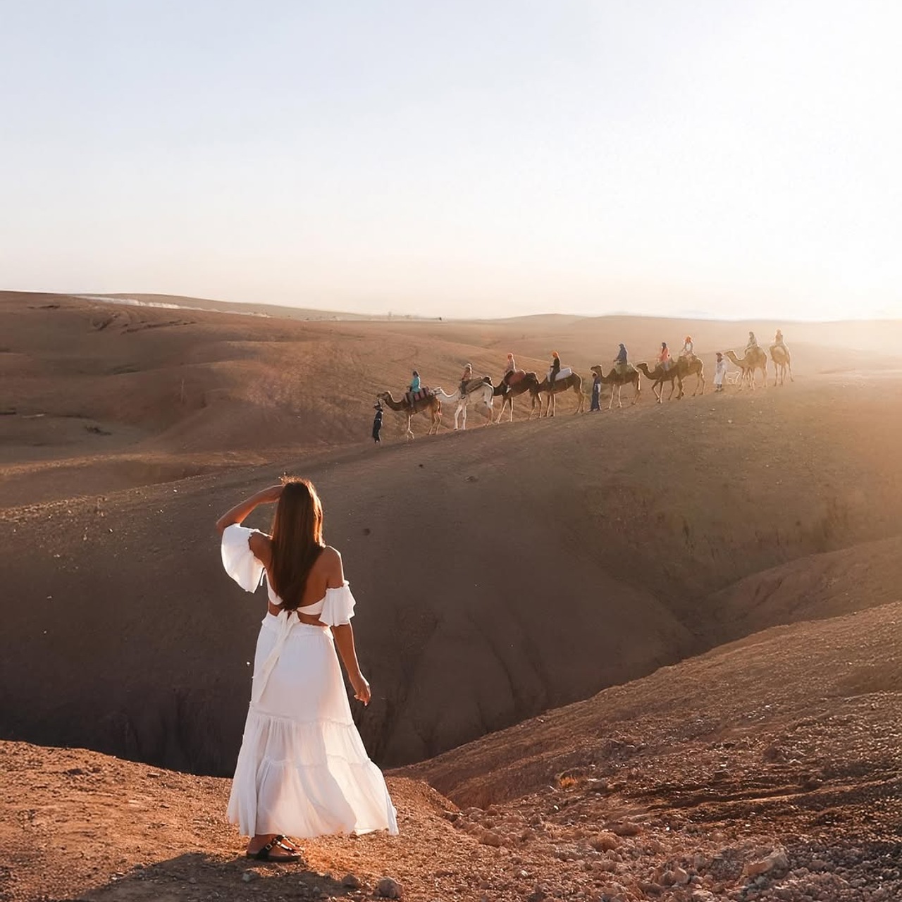 Camel caravan crossing an Agafay desert ridge at sunset, watched from a viewpoint