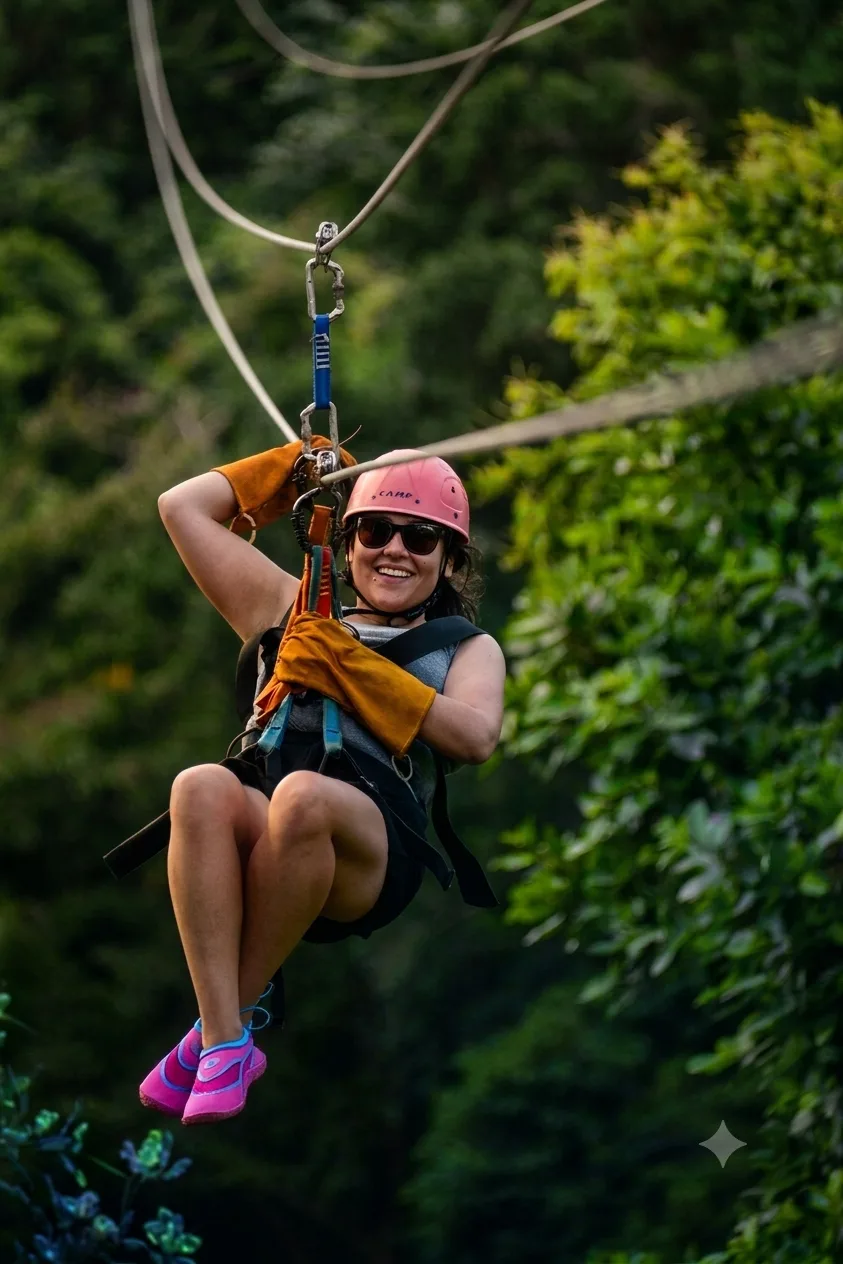 Un pilota con casco e imbracatura scivola lungo il cavo d'acciaio di una zipline sopra colline verdi