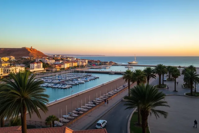 Bucht von Agadir, Jachthafen und palmengesäumte Promenade vom Kasbah-Hügel zur goldenen Stunde