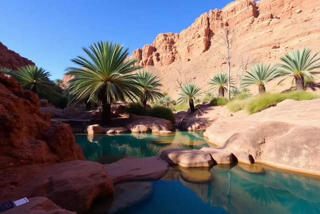 Piscinas naturales turquesas y palmeras en Paradise Valley, en las montañas de Agadir