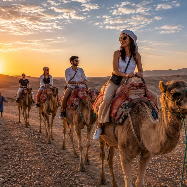 A line of guests riding camels led by a guide across the desert at sunset