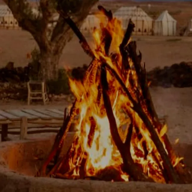 A large open bonfire burning in a stone fire pit beside white canvas tents at a desert camp