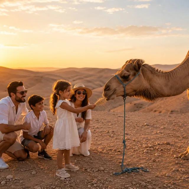 A family with two children feeding a camel in the desert hills at golden hour