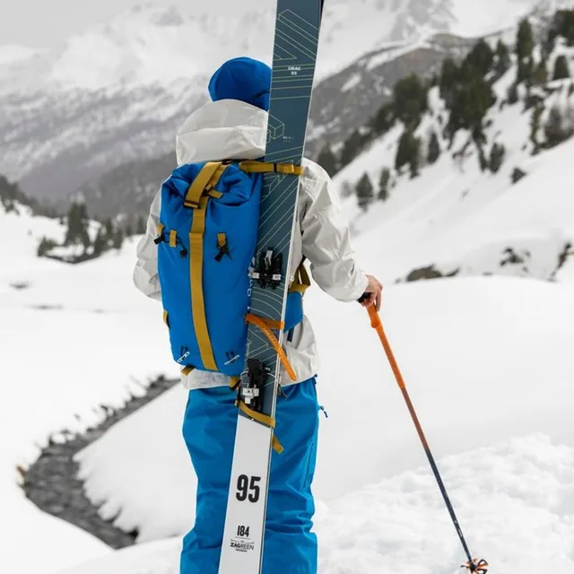 A ski tourer seen from behind carrying skis on a blue pack while looking over a snow-covered valley