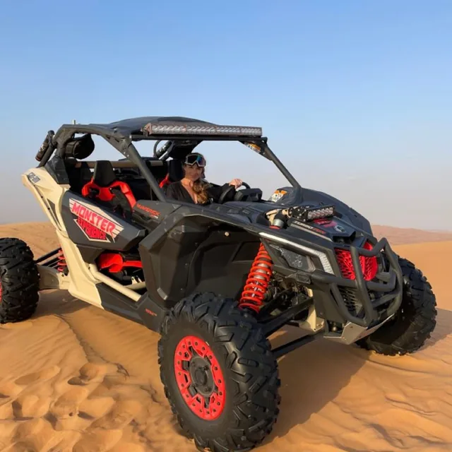 A driver in helmet and goggles at the wheel of a buggy stopped on a sand crest