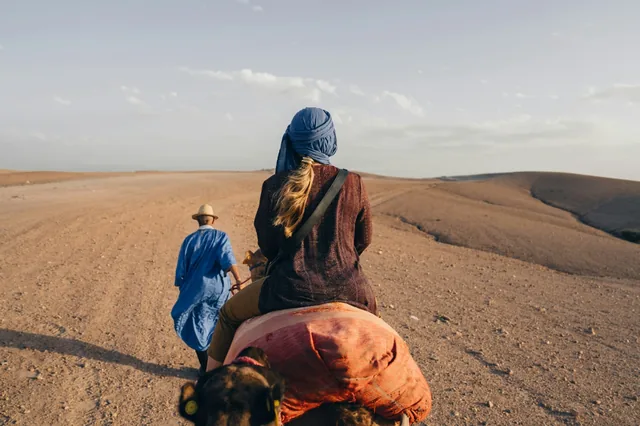View from a camel's back as a guide leads riders across the Agafay plain at dusk