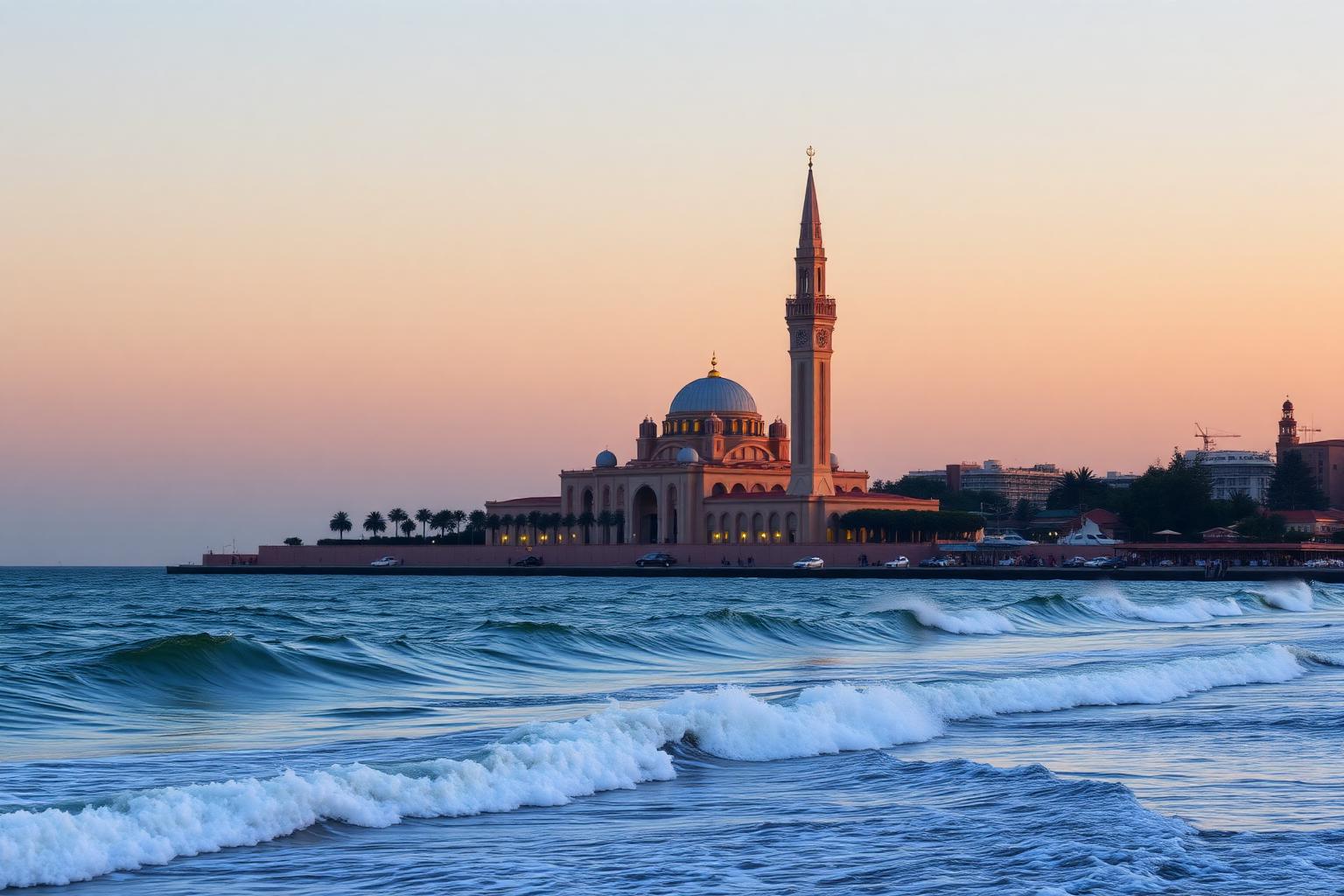Grand seafront mosque in Casablanca seen across the Atlantic at sunset on a Morocco tour from Casablanca