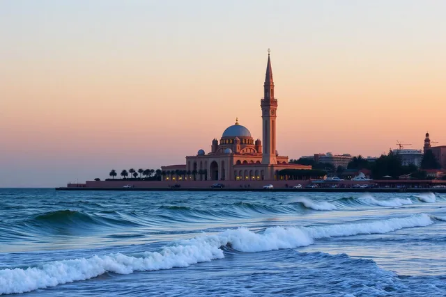 Grand seafront mosque in Casablanca seen across the Atlantic at sunset on a Morocco tour from Casablanca