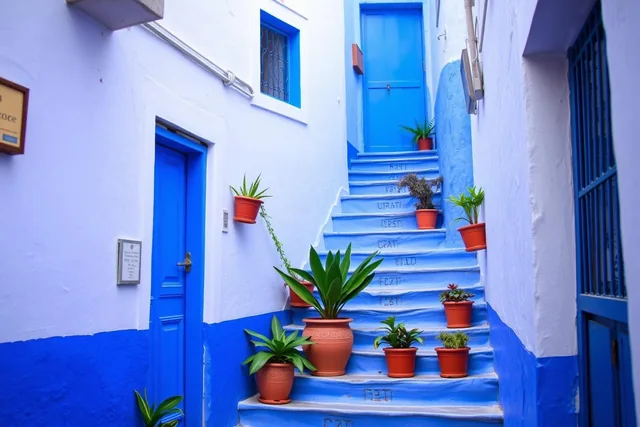 Blue-painted staircase and potted plants in the medina of Chefchaouen, Morocco