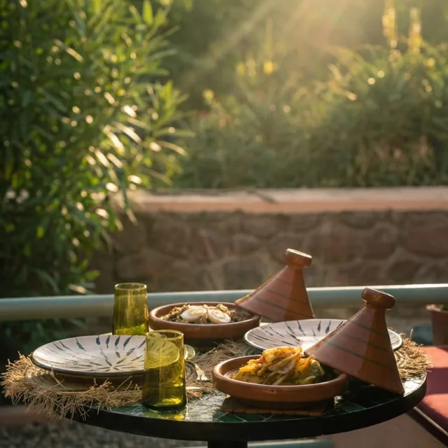 Two finished tagines served with painted plates and green tea glasses on a terrace table in the evening light