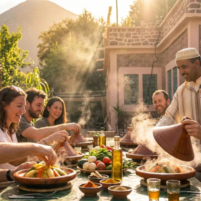 Guests lifting the lids off steaming vegetable tagines around an outdoor table in warm afternoon light