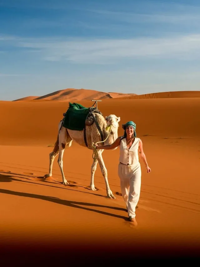 A guest in a turban walking her camel across the orange dunes of Erg Chebbi