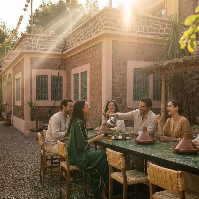 Guests laughing around a long garden table as mint tea is poured beside a stone guesthouse at golden hour
