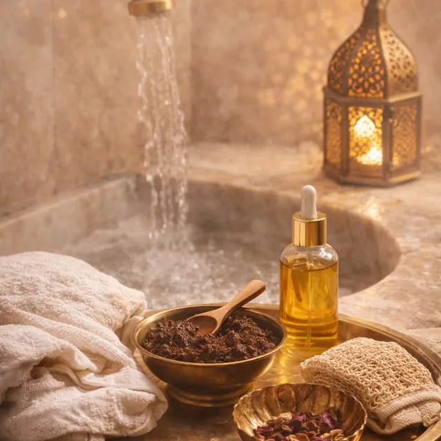 Tray of black soap, argan oil and hammam accessories
