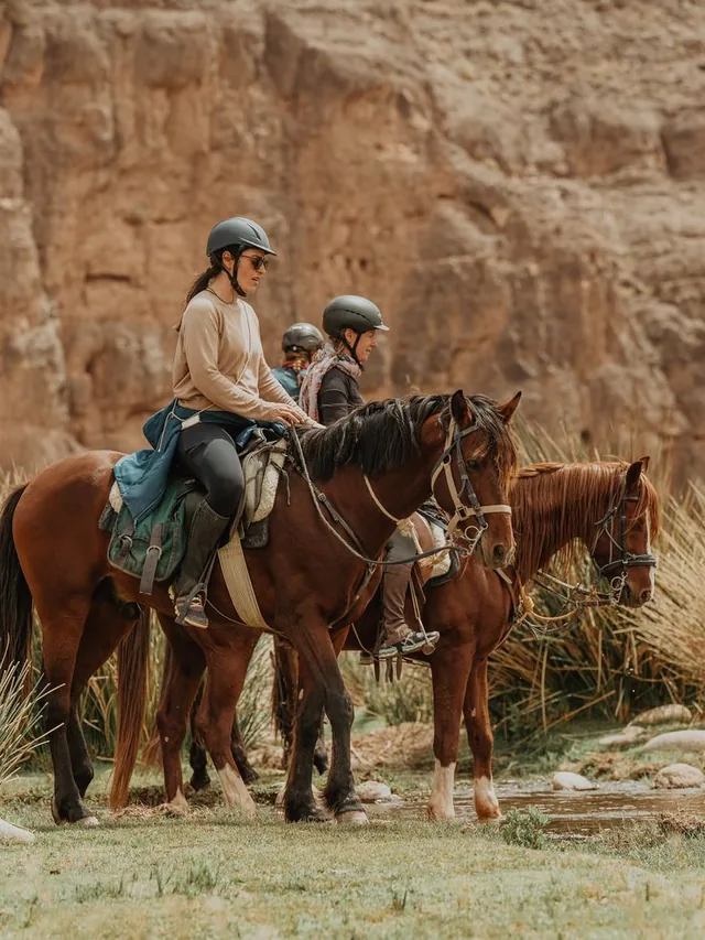 Riders pausing their horses on grass beside a stream below a sandstone canyon wall