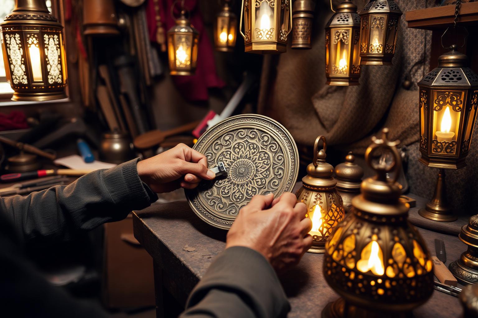 Artisan marocain gravant un plateau de laiton parmi des lanternes dans la médina