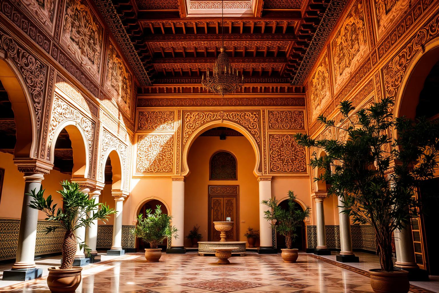 Plafonds en cèdre sculpté, zelliges et marbre dans un palais historique de Marrakech