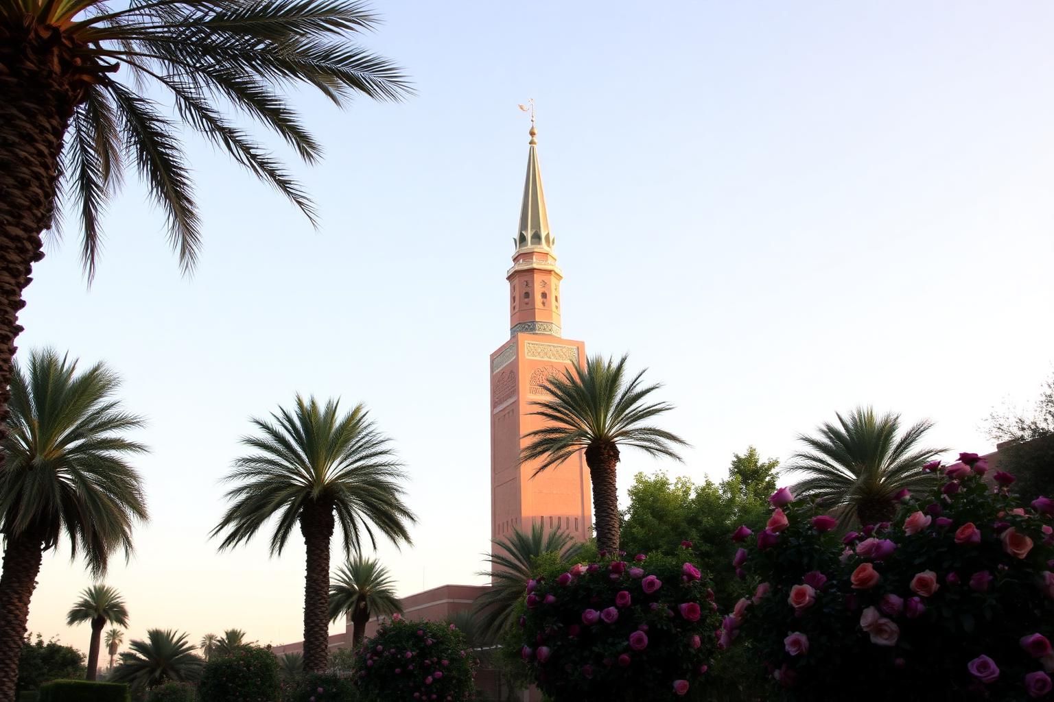 Minaret de Marrakech s'élevant au-dessus des palmiers et roseraies à l'heure dorée