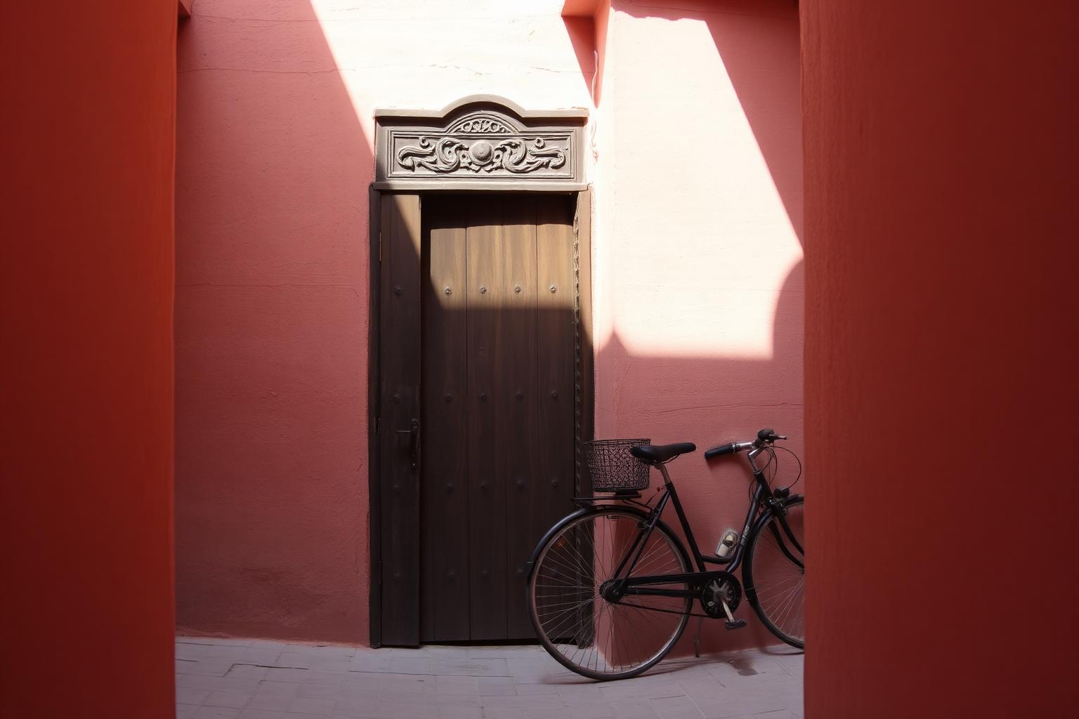 Ruelle ensoleillée de la médina de Marrakech avec murs en terre rose et porte en bois sculpté