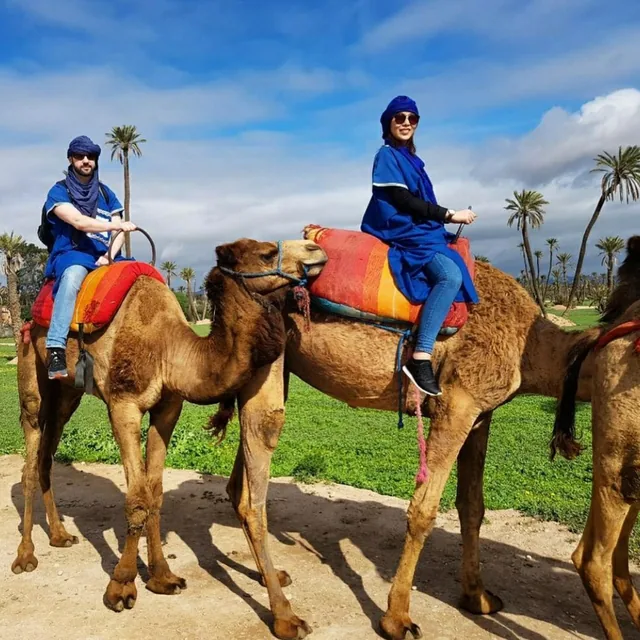 Two riders in blue turbans on camels on a track through the Marrakech palm grove under a bright sky