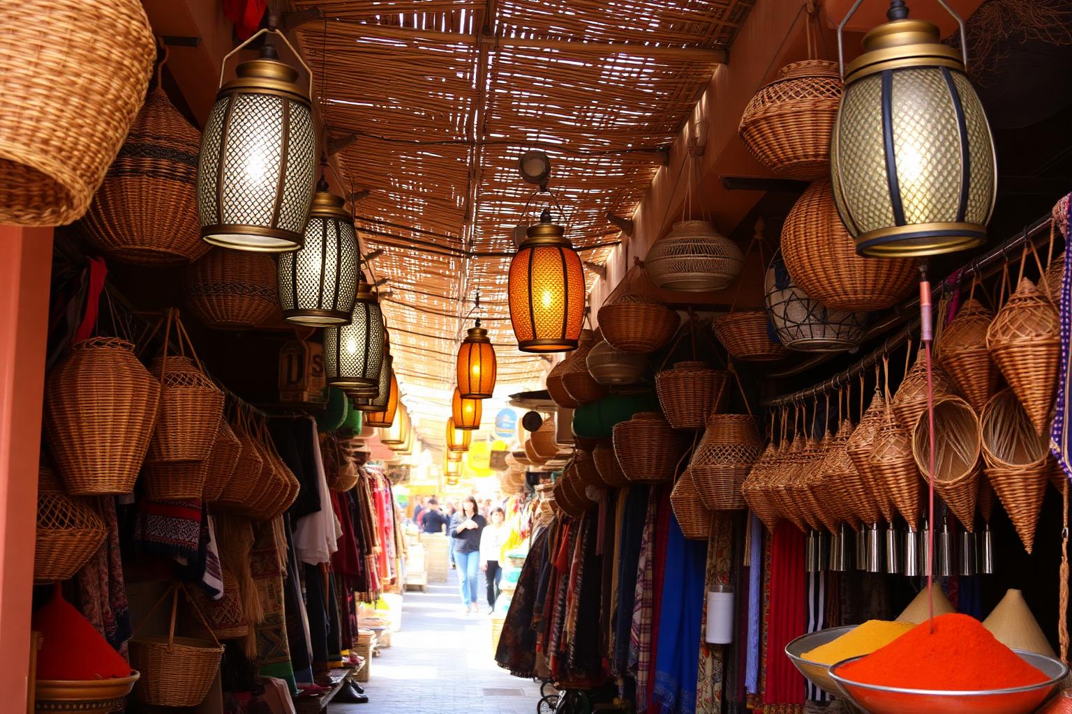 Ruelle du souk de Marrakech avec lanternes, paniers tressés et cônes d'épices colorées