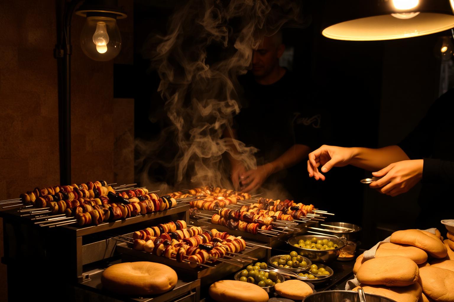 Stand de street food marocaine avec brochettes grillées, pains et olives sous une lumière chaleureuse