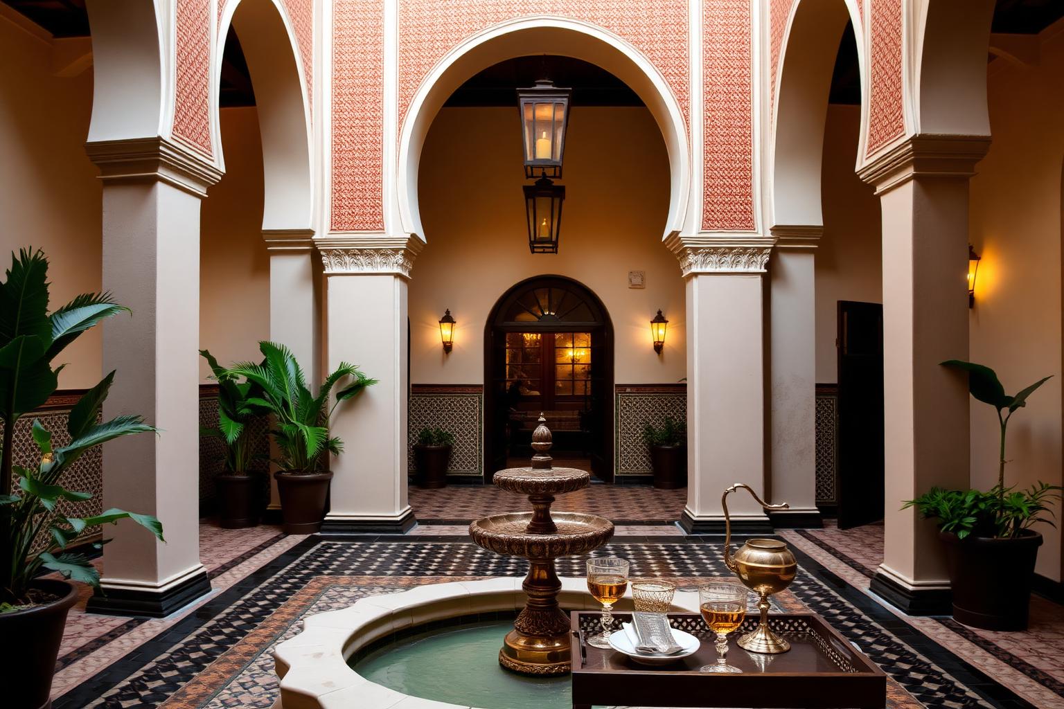 Cour d'un riad marocain avec fontaine en mosaïque, arches, lanternes et thé à la menthe