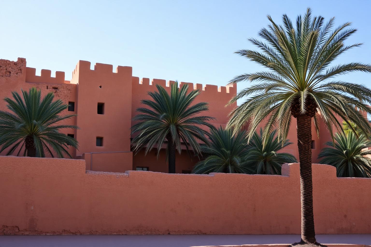 Mura merlate color ocra della kasbah e palme da dattero a Ouarzazate, porta del Sahara marocchino