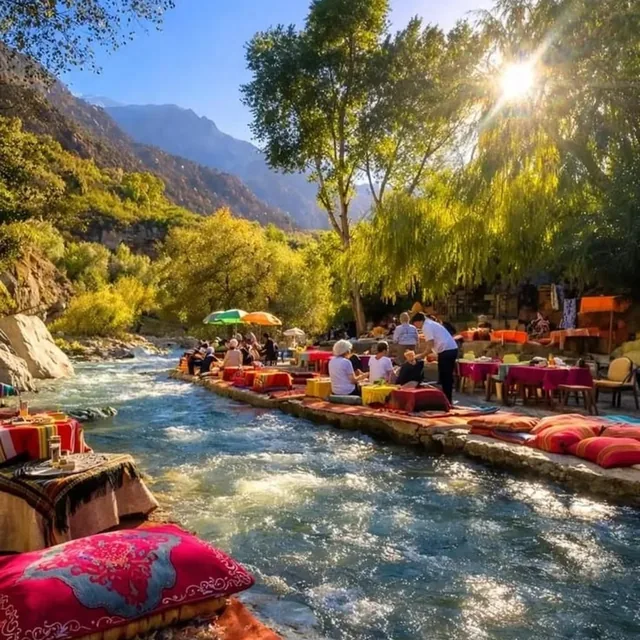 Guests having lunch on cushions beside the Ourika river with sunlight through the willows