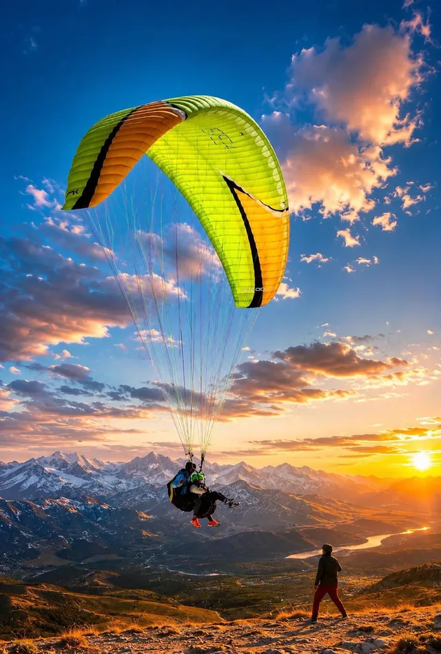 Tandem paraglider flying at sunset above mountain ridges with a watcher on the hillside below