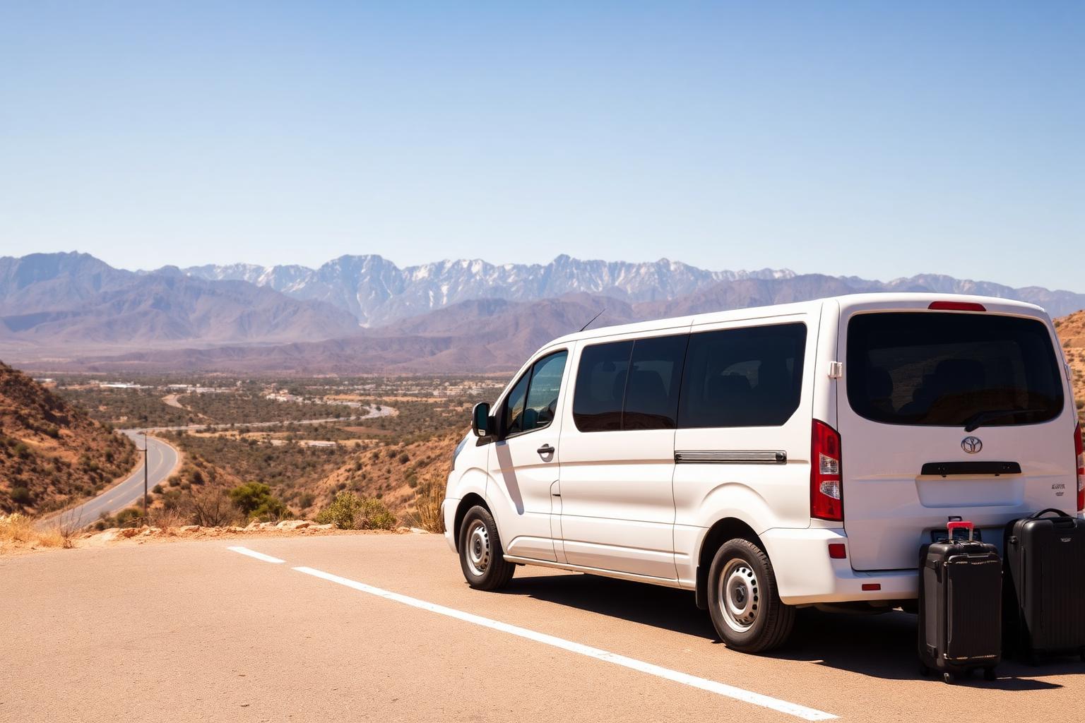 Private air-conditioned tour minivan parked at a mountain viewpoint on a Moroccan road