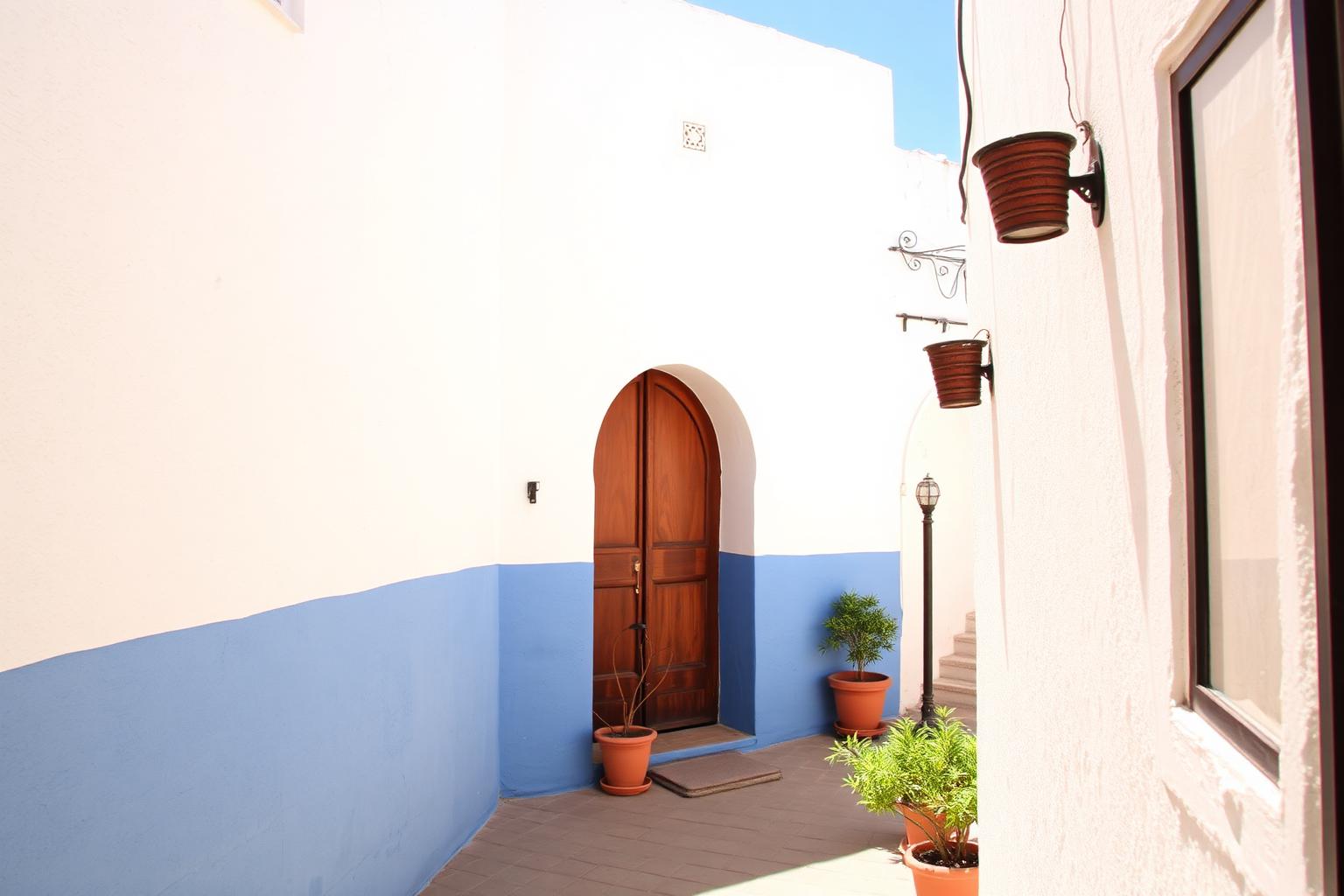 Whitewashed lane with blue lower walls and a carved Moroccan door in the old kasbah of Rabat