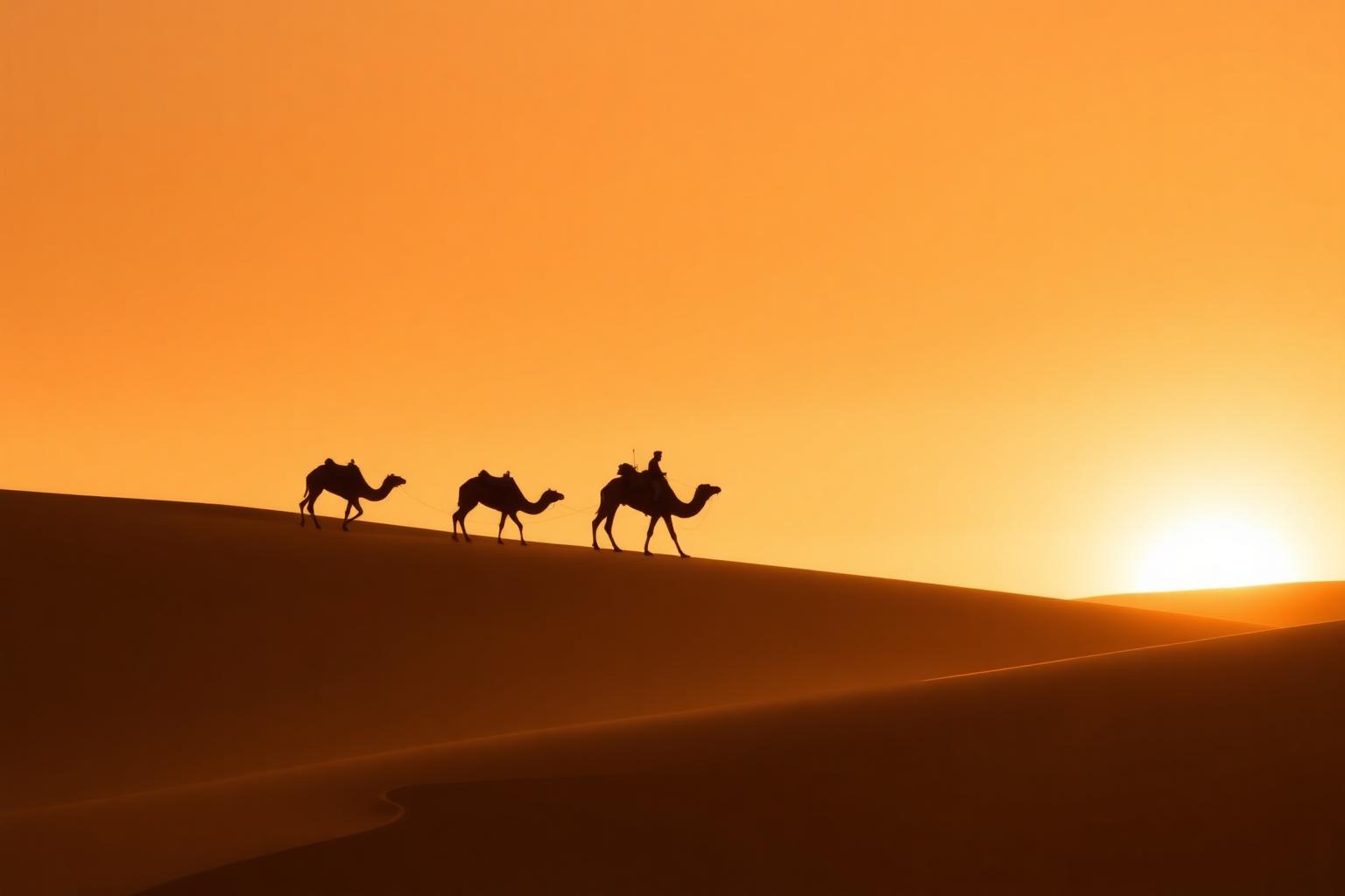 Carovana di dromedari in silhouette su una duna del Sahara al tramonto vicino a Merzouga, Marocco