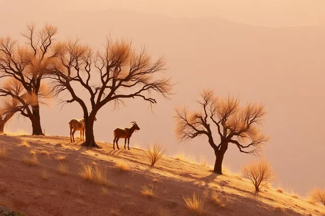 Argan trees and grazing goats on a dry hillside in the Souss valley near Agadir