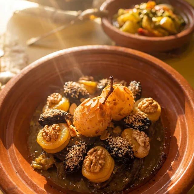 A steaming tagine of lamb with prunes, dried apricots, walnuts and toasted almonds in a clay dish