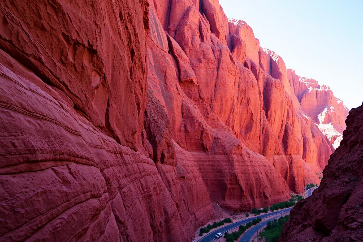 Le imponenti pareti di roccia rossa delle Gole del Todra con la strada che scorre sotto
