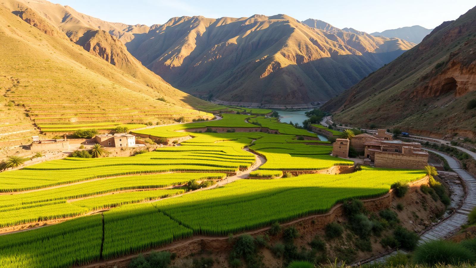 Terraced fields and a Berber hamlet in the green Azzaden Valley
